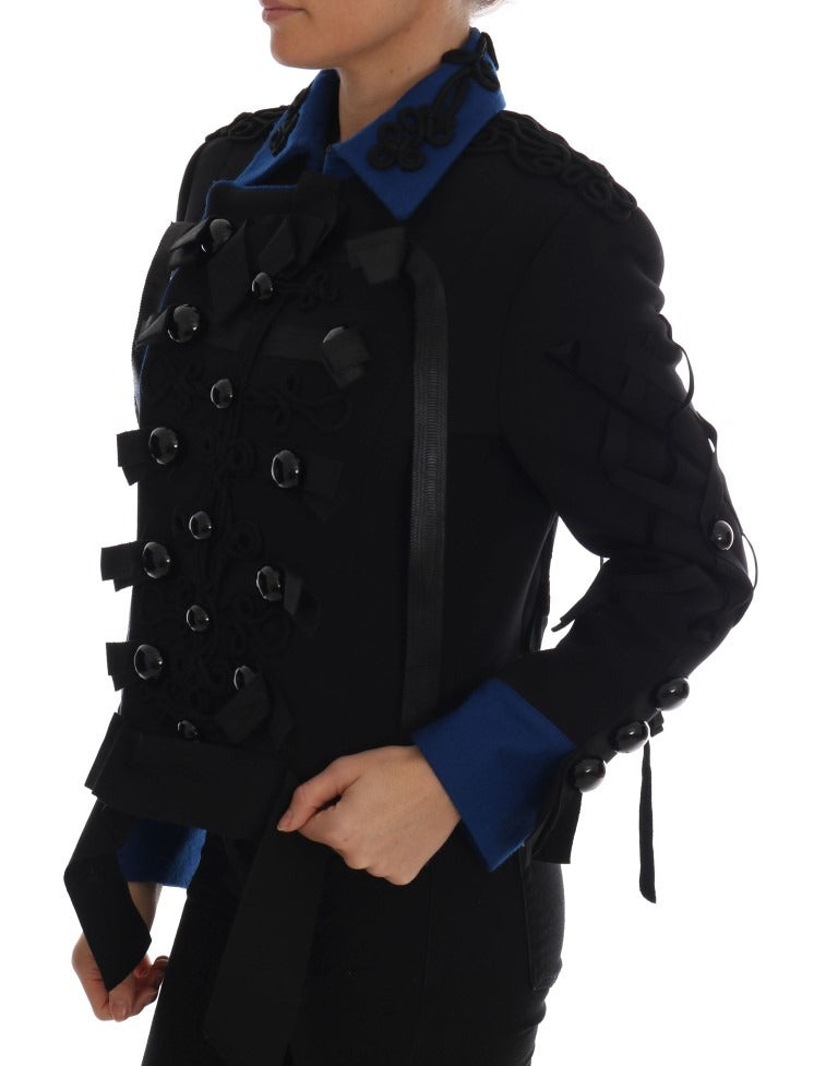 Black wool trench jacket by Dolce & Gabbana, stylish outerwear with classic design and tailored fit, shown on a model.