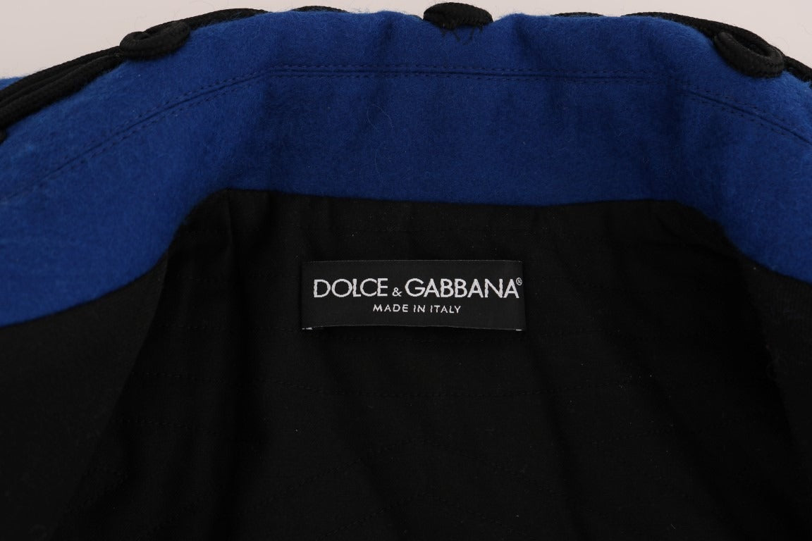 Black wool trench jacket by Dolce & Gabbana displayed on a hanger, showcasing its classic design and tailored fit.