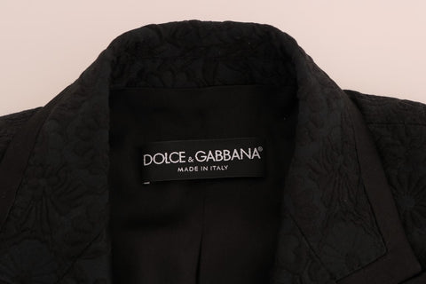 Black brocade blazer jacket by Dolce & Gabbana, featuring intricate floral embroidery and tailored fit.