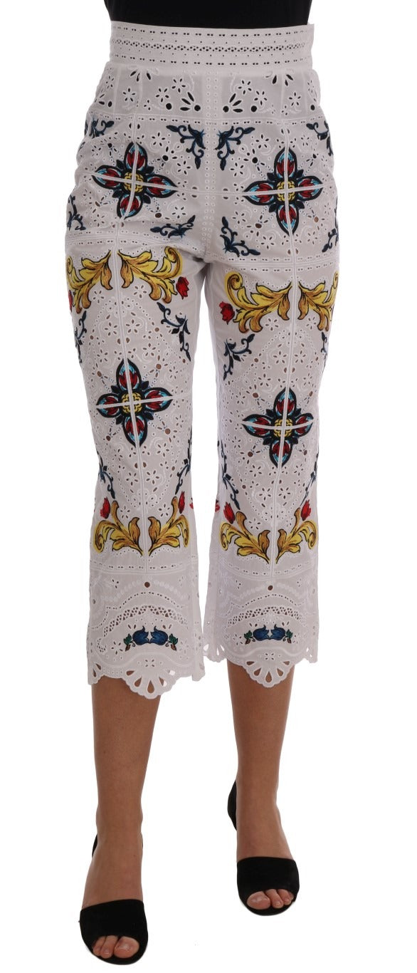 Multicolor Majolica print cutout Capri pants by Dolce & Gabbana featuring vibrant patterns and stylish design.