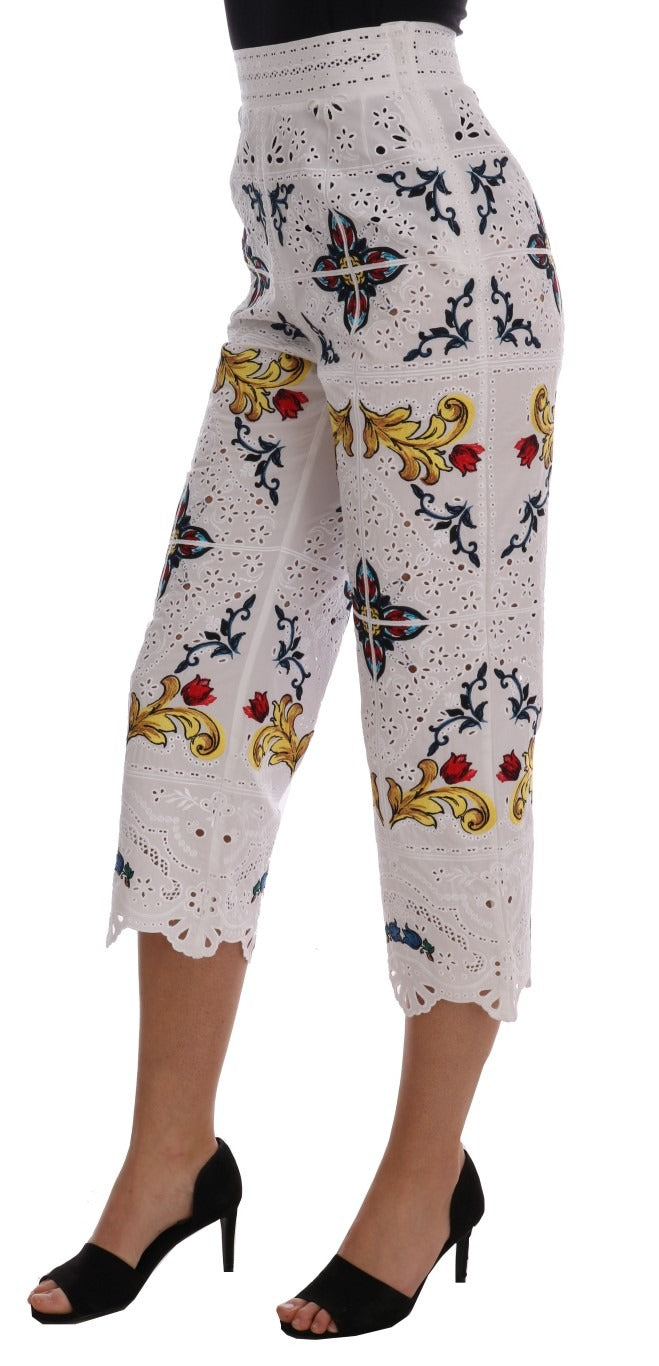 Multicolor Majolica print Dolce & Gabbana Capri pants with cutout details and slim fit design.