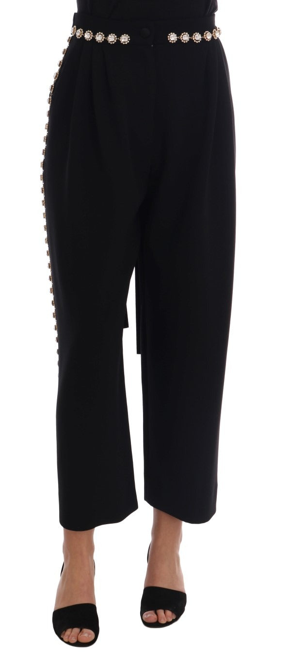 Black wool stretch crystal pants by Dolce & Gabbana, featuring a fitted design with crystal embellishments and tailored waistband.