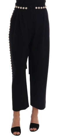 Black wool stretch crystal pants by Dolce & Gabbana, featuring a fitted design with crystal embellishments and tailored waistband.
