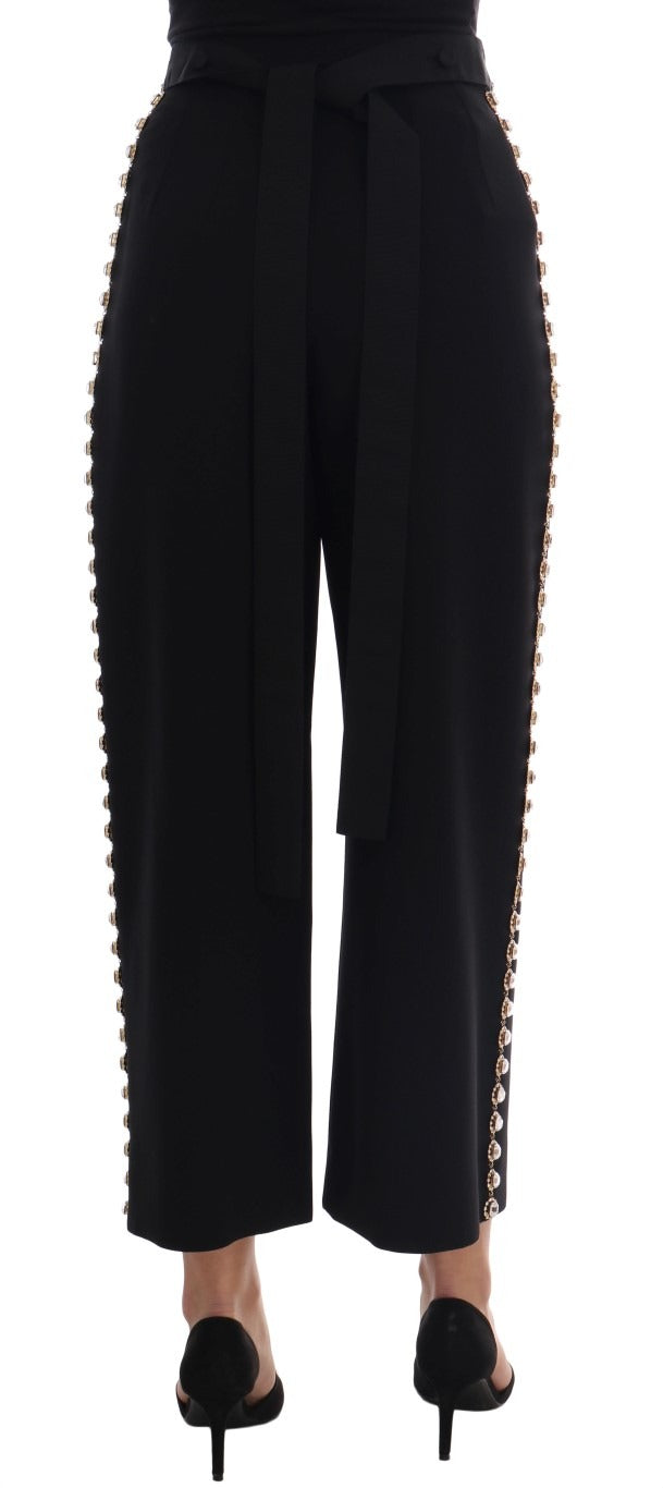 Black wool stretch crystal pants by Dolce & Gabbana, featuring a fitted design with crystal embellishments and tailored details.