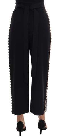 Black wool stretch crystal pants by Dolce & Gabbana, featuring a fitted design with crystal embellishments and tailored details.