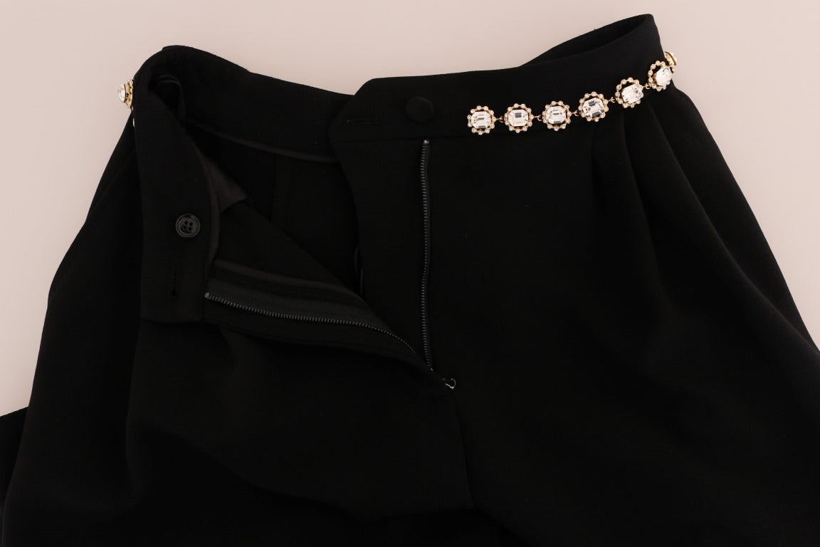 Black wool stretch crystal pants by Dolce & Gabbana, featuring a tailored fit with crystal embellishments and sleek design.