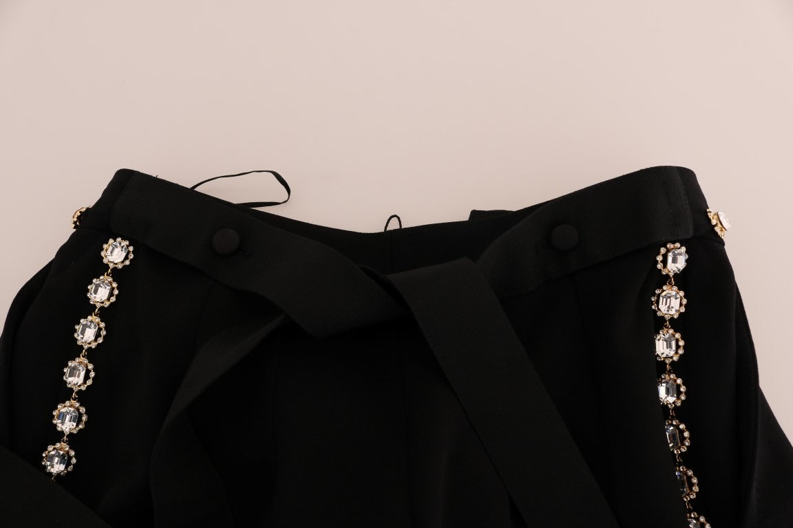 Black wool stretch crystal pants by Dolce & Gabbana, featuring a sleek fit with crystal embellishments and tailored design.