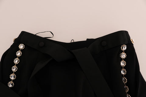 Black wool stretch crystal pants by Dolce & Gabbana, featuring a sleek fit with crystal embellishments and tailored design.
