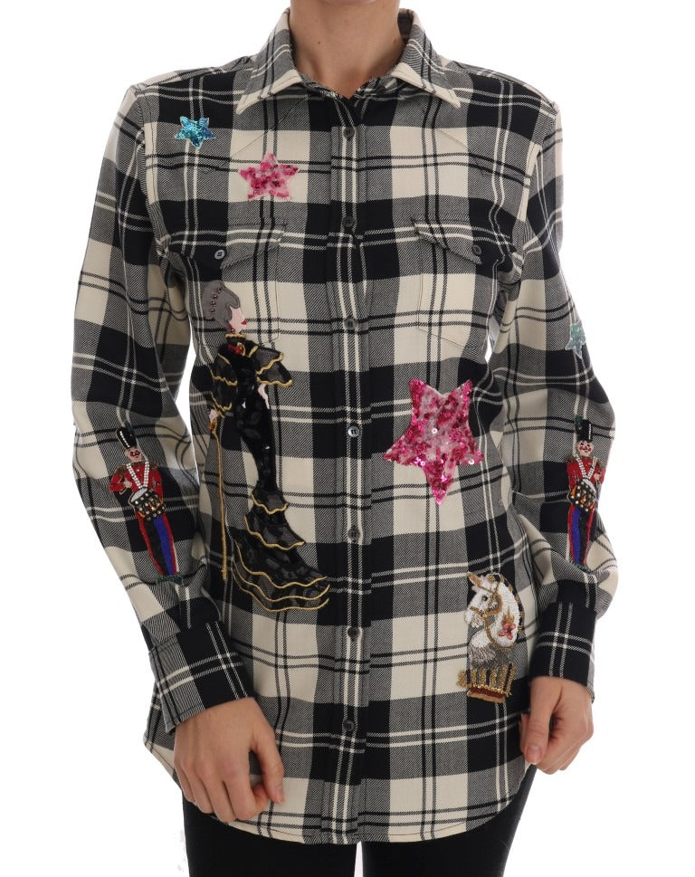 Black and white fairy tale crystal shirt by Dolce & Gabbana featuring intricate crystal embellishments and a classic fit.