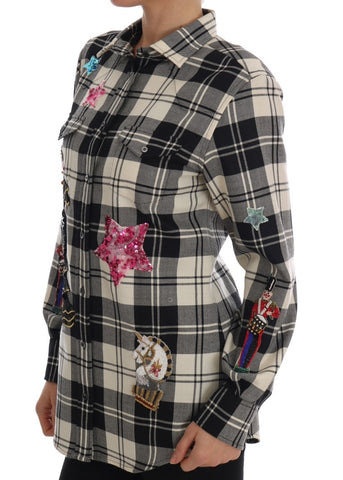 Black and white fairy tale crystal shirt by Dolce & Gabbana, featuring intricate crystal embellishments and elegant design details.