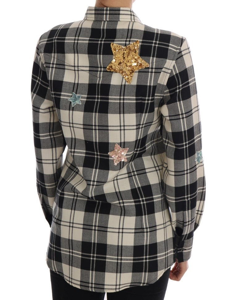 Black and white fairy tale crystal shirt by Dolce & Gabbana, featuring intricate crystal embellishments and elegant fabric.