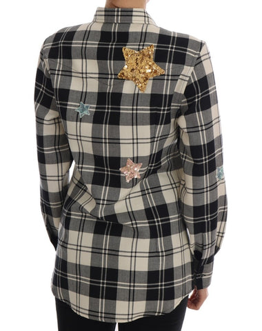 Black and white fairy tale crystal shirt by Dolce & Gabbana, featuring intricate crystal embellishments and elegant fabric.