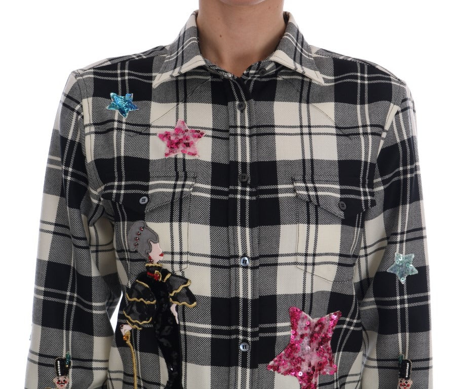 Black and white fairy tale crystal shirt by Dolce & Gabbana featuring intricate embroidery and elegant design.