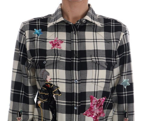 Black and white fairy tale crystal shirt by Dolce & Gabbana featuring intricate embroidery and elegant design.