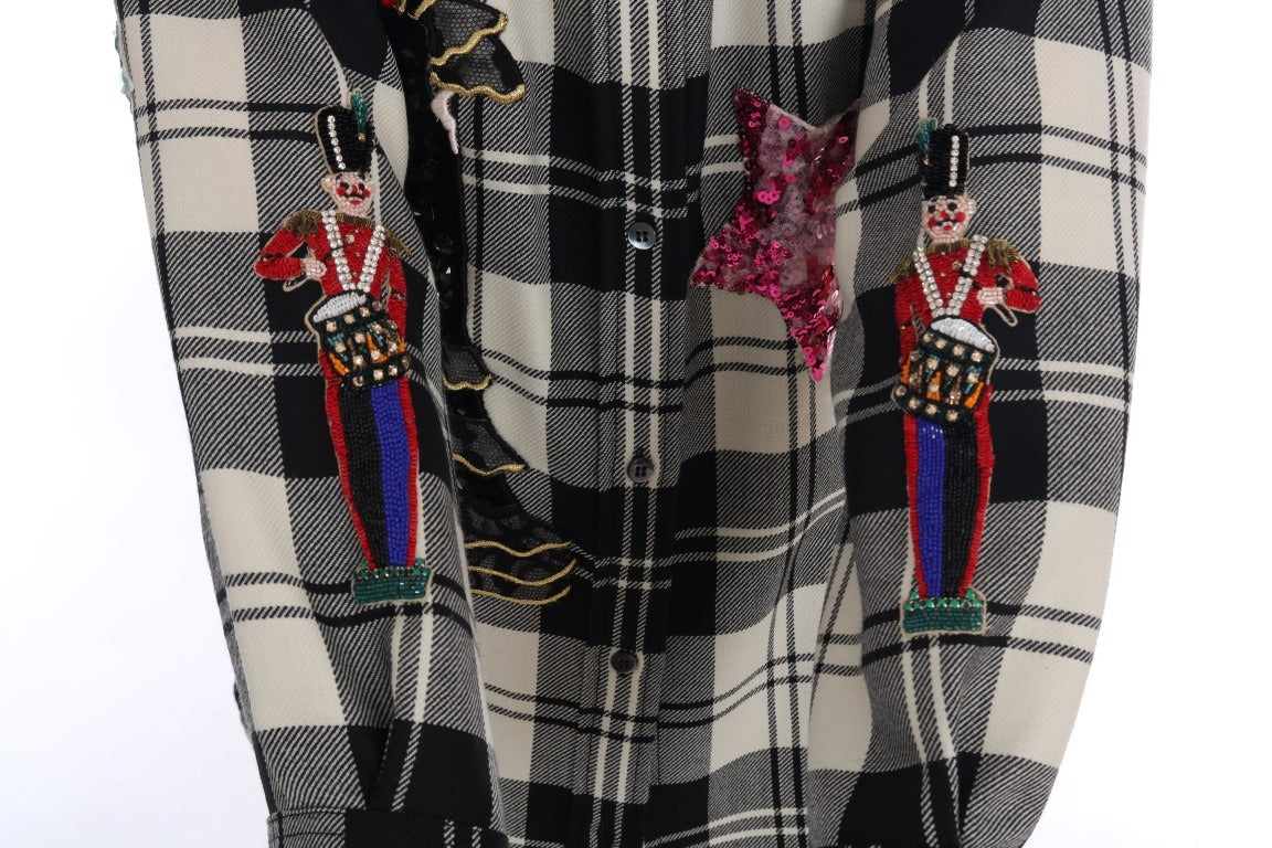 Black and white fairy tale crystal shirt by Dolce & Gabbana featuring intricate crystal embellishments and elegant fabric details.