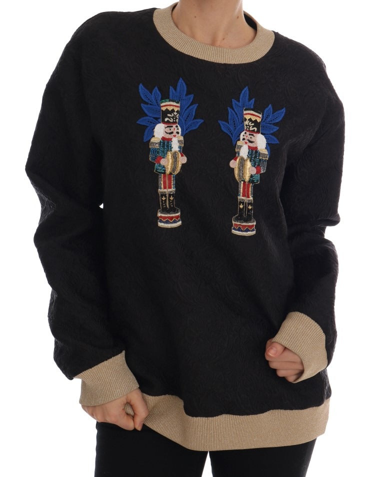 Black Fairy Tale Brocade Zipper Sweater by Dolce & Gabbana featuring intricate brocade fabric and a front zipper closure.