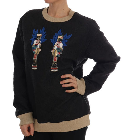 Black Fairy Tale Brocade Zipper Sweater by Dolce & Gabbana featuring intricate brocade fabric and a front zipper detail.
