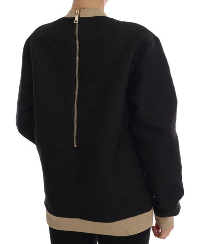 Black Fairy Tale Brocade Zipper Sweater by Dolce & Gabbana featuring intricate brocade fabric and a front zipper closure.