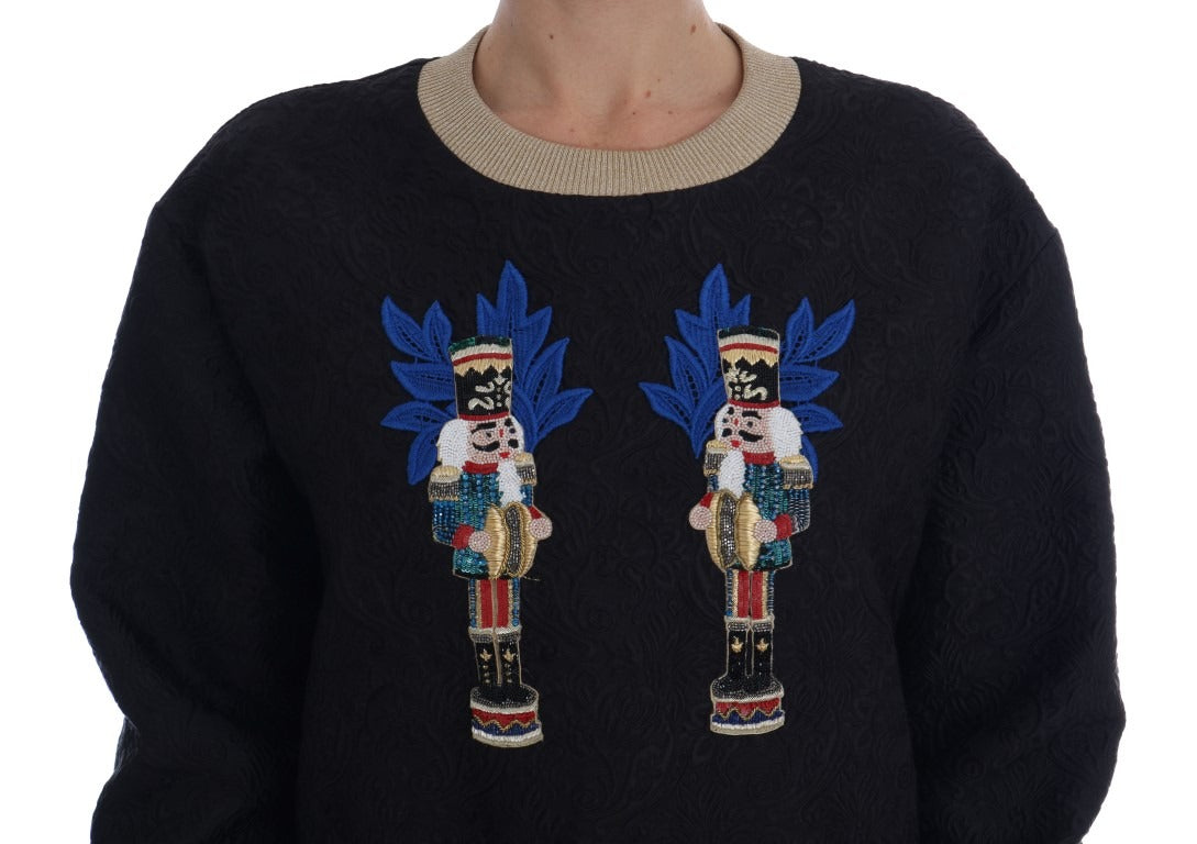 Black Fairy Tale Brocade Zipper Sweater by Dolce & Gabbana featuring intricate brocade fabric and front zipper detail.