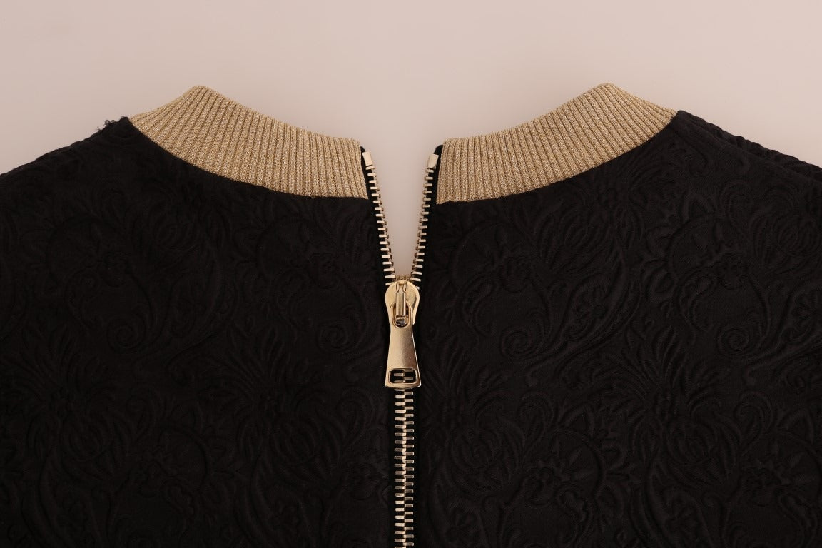 Black Fairy Tale Brocade Zipper Sweater by Dolce & Gabbana with intricate brocade fabric and a front zipper closure.