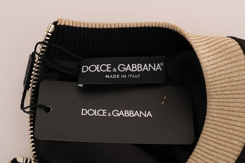 Black Fairy Tale Brocade Zipper Sweater by Dolce & Gabbana, featuring intricate brocade fabric and a front zipper closure.