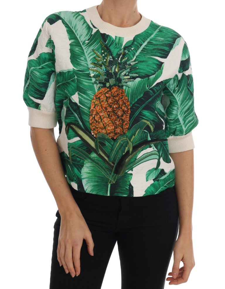 Dolce & Gabbana pineapple and banana sequins crewneck sweater with colorful fruit design on a knit fabric.