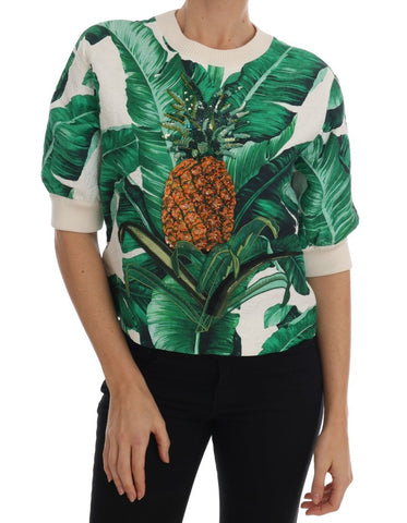Dolce & Gabbana pineapple and banana sequins crewneck sweater with colorful fruit design on a knit fabric.