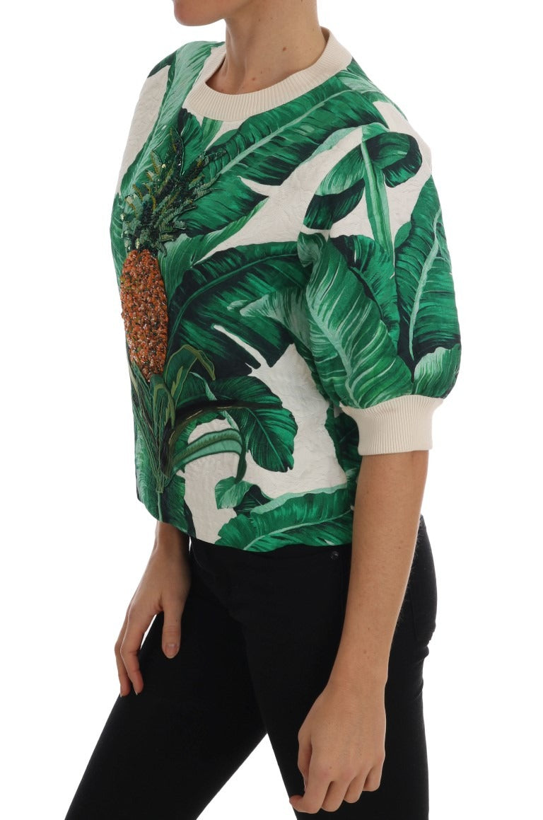 Dolce & Gabbana pineapple and banana sequins crewneck sweater in vibrant colors, featuring playful fruit patterns.