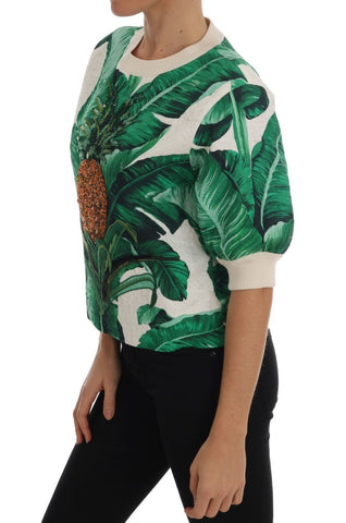 Dolce & Gabbana pineapple and banana sequins crewneck sweater in vibrant colors, featuring playful fruit patterns.