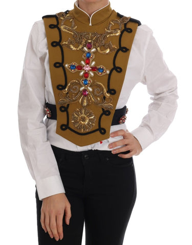 Yellow crystal-embellished cross vest jacket by Dolce & Gabbana, featuring a stylish design and intricate crystal details.