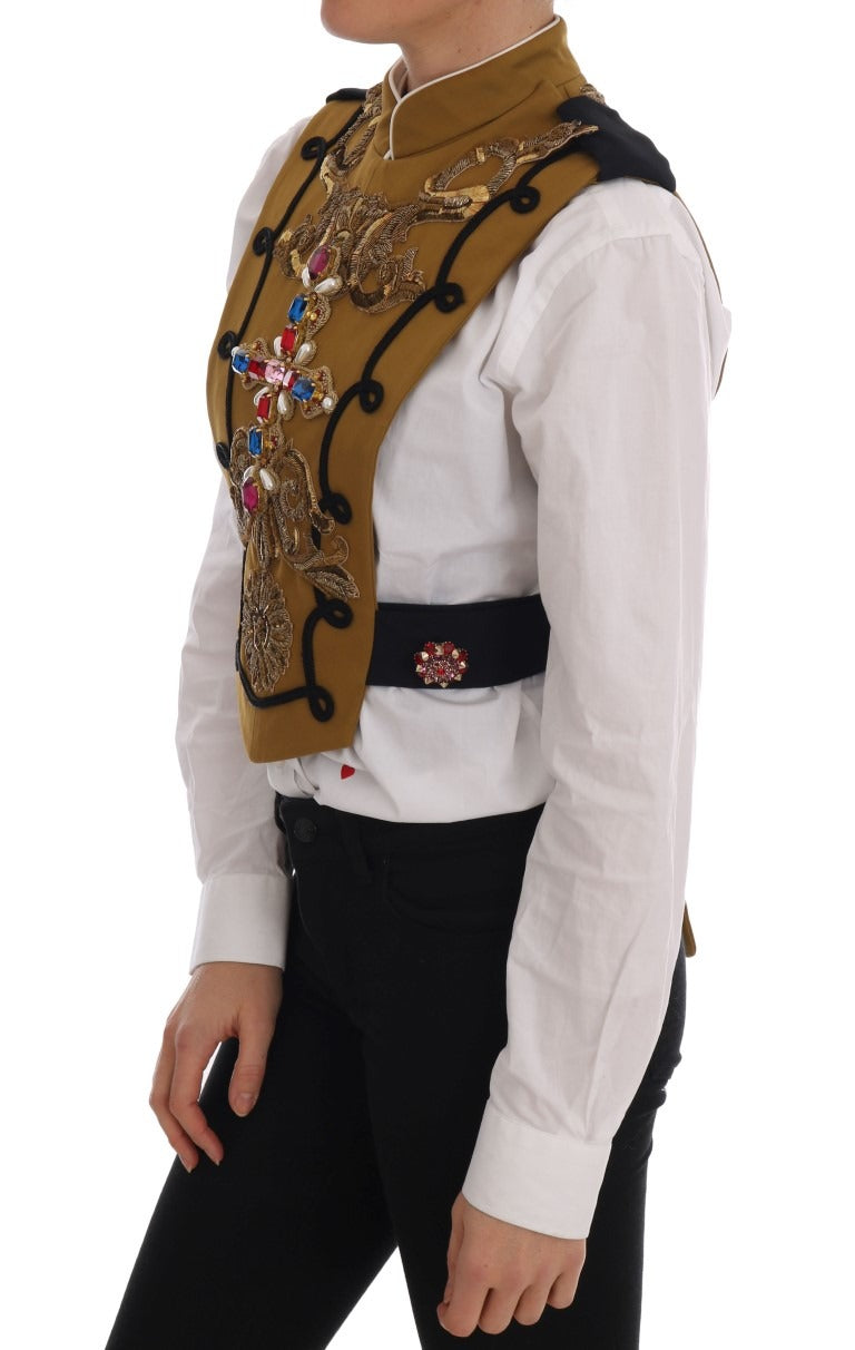 Yellow crystal cross vest jacket by Dolce & Gabbana, featuring a vibrant design with crystal embellishments and a sleeveless fit.