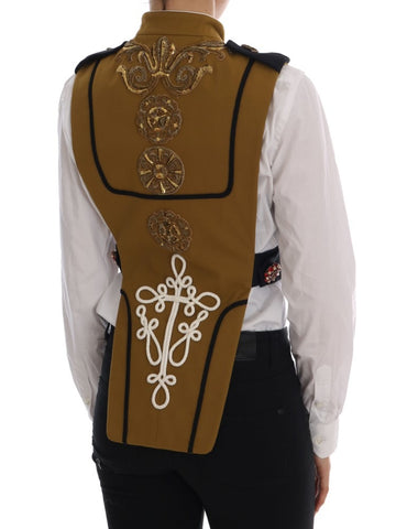 Yellow crystal-embellished cross vest jacket by Dolce & Gabbana, featuring a stylish design with intricate crystal details.