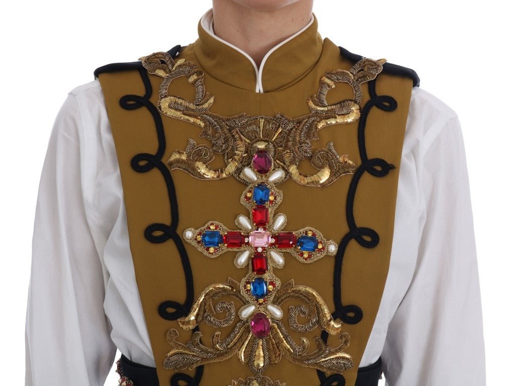 Yellow crystal-embellished cross vest jacket by Dolce & Gabbana, featuring a stylish design with intricate crystal details.