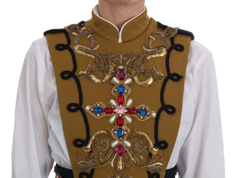 Yellow crystal-embellished cross vest jacket by Dolce & Gabbana, featuring a stylish design with intricate crystal details.