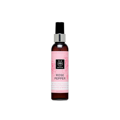 Apivita Rose Pepper Reshaping Massage Oil in 150ml bottle, showcasing the elegant packaging and product label.