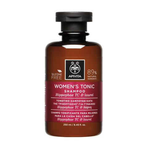 Apivita women's tonic shampoo with hippophae and laurel, 250ml bottle, natural hair care product for revitalizing scalp.