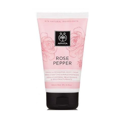 Apivita Rose Pepper Firming Body Cream in 150ml jar with rose and pepper ingredients, shown on a clean background.