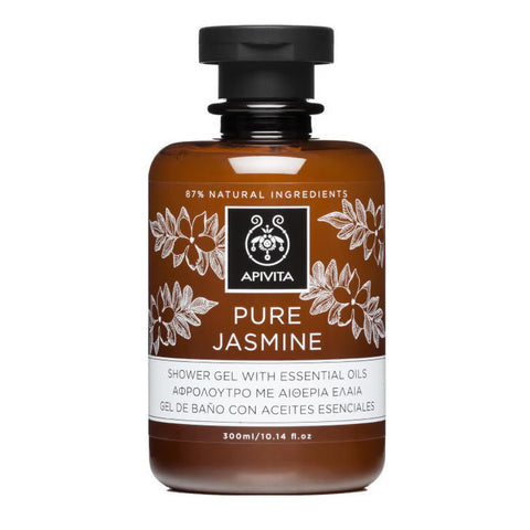 Jag Couture London New York Apivita Pure Jasmine Shower Gel with Essential Oils, 300ml, showing the bottle with jasmine flowers.