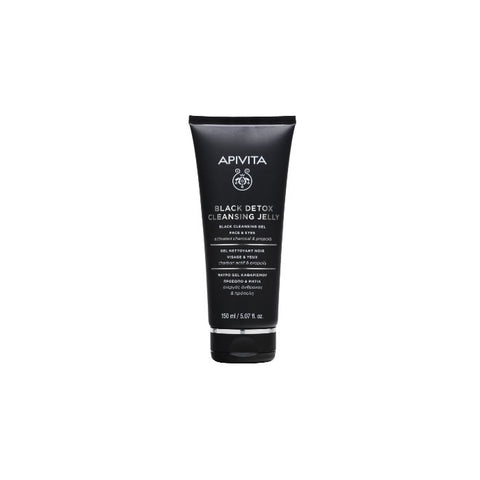 Black Detox cleansing gel by Apivita in a 150ml tube, designed for skin cleansing and detoxification.