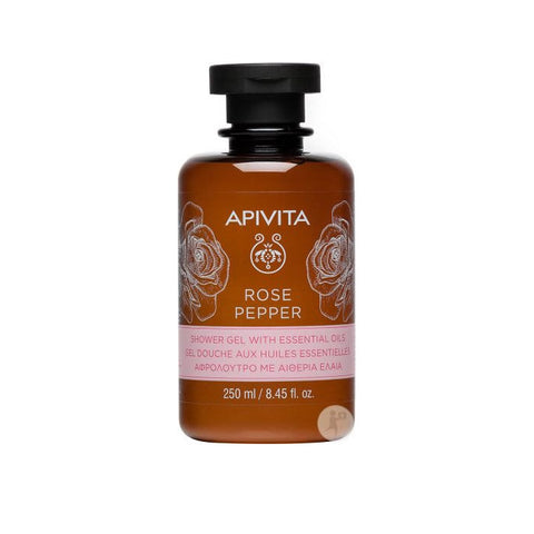 Jag Couture London New York Apivita Rose Pepper Bath Gel 250ml with floral and peppercorn scent in a clear bottle