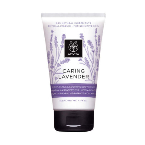 Apivita lavender moisturizing and soothing body cream in 150ml jar, hypoallergenic, with calming lavender scent and gentle texture.