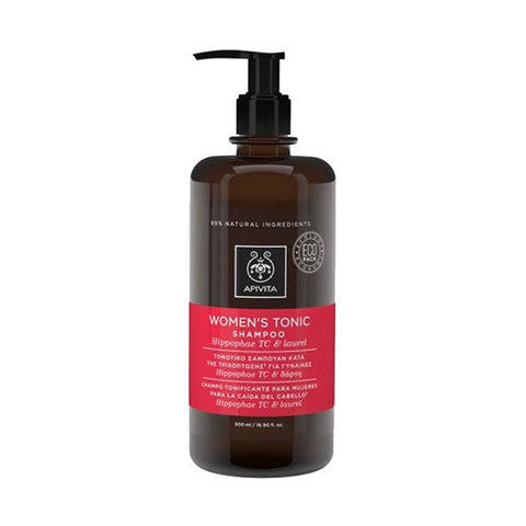 Apivita women's tonic shampoo with hippophae and laurel, 500ml bottle, featuring natural ingredients and nourishing formula.