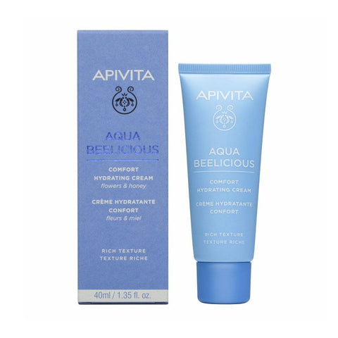 Apivita Aqua Beelicious Moisturising Cream in 40ml jar, hydrating skincare product with a blue and white label.