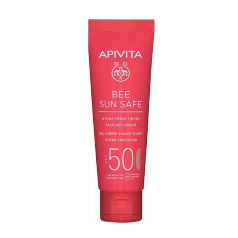 Apivita Bee Sun Hydra Fresh Tinted Face Gel Cream SPF50 on 50ml tube, hydrating and tinted facial sun protection product.