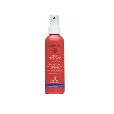 Apivita Bee Sun Safe Hydra Melting SPF30 face and body spray in 200ml bottle, lightweight sun protection for skin