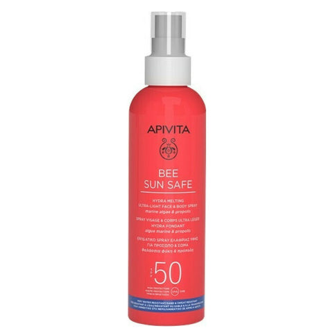 Apivita Bee Sun Safe Hydra Melting SPF50 ultra-light face and body spray in 200ml bottle with pump spray nozzle.