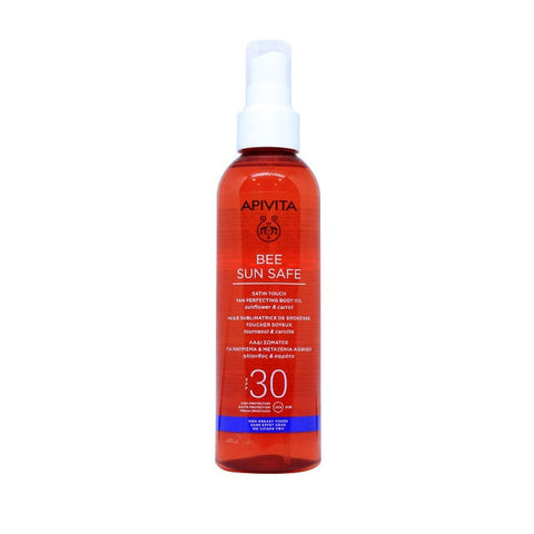 Apivita Bee Sun Safe Body Oil with SPF30, 200ml, for tanning and silky skin, displayed in a sleek bottle.