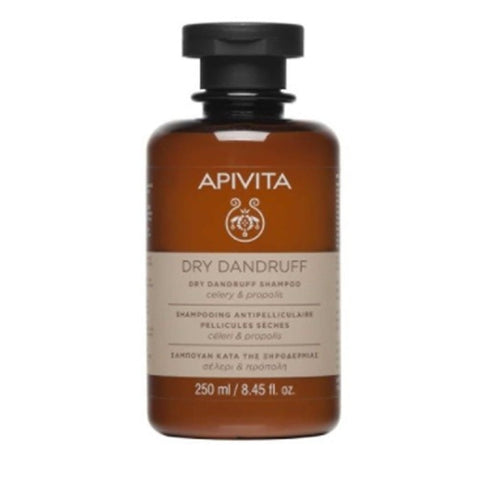Apivita Anti Dry Dandruff Shampoo with White Willow and Propolis in 250ml bottle, featuring white and green packaging.