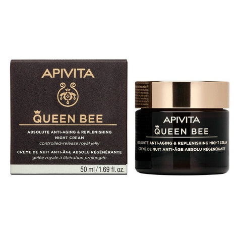 Jar of Apivita Queen Bee Night Cream in a 50ml container with honey bee design and natural skincare branding.