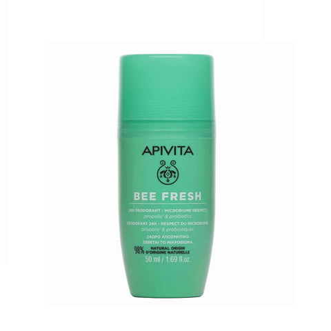 Apivita Bee Fresh 24H deodorant in 50ml bottle, natural skincare product with floral and honey scent, shown in the image.